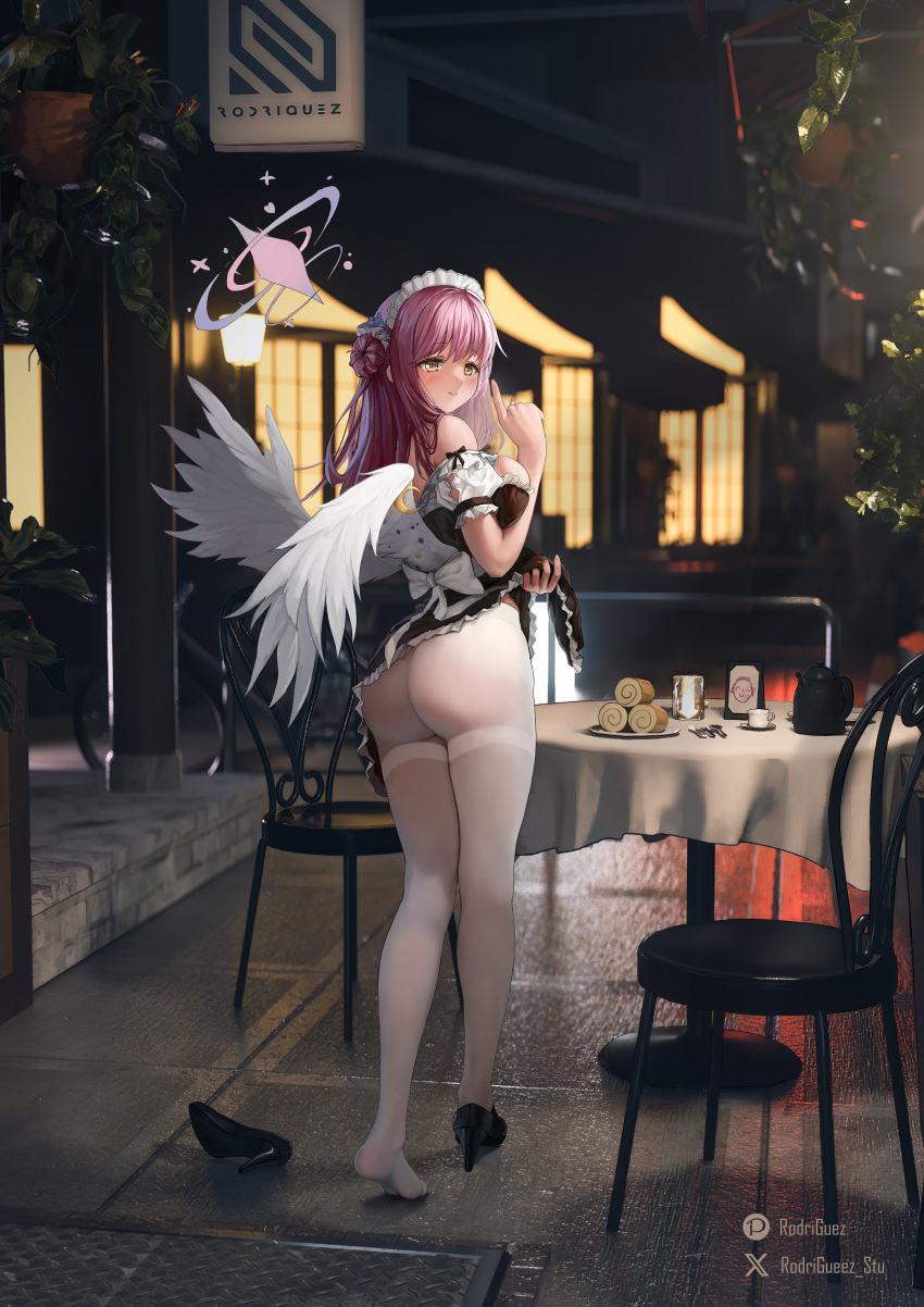1girl 3d_background absurdres ass bare_shoulders blue_archive blush cafe chair clothes_lift cropped doodle_sensei_(blue_archive) feathered_wings flower food hair_flower hair_ornament halo highres lamppost long_hair looking_back maid_headdress mika_(blue_archive) night outdoors pantyhose parted_lips pink_hair rodriguez_(kamwing) sensei_(blue_archive) shoes single_shoe skirt skirt_lift solo table unworn_shoes walking white_pantyhose white_wings wide_shot wings yellow_eyes