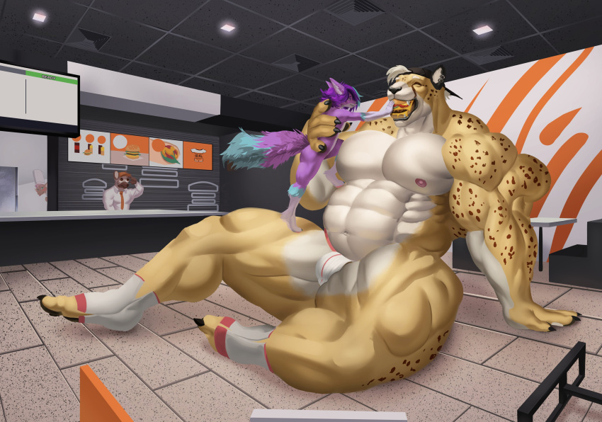 absurd_res akhara anthro big_muscles canid canine cheetah duo feeding felid feline fennec fox growth hi_res huge_muscles hyper hyper_muscles jock male male/male mammal mcsimpburger muscle_growth musclegut muscular muscular_male size_difference