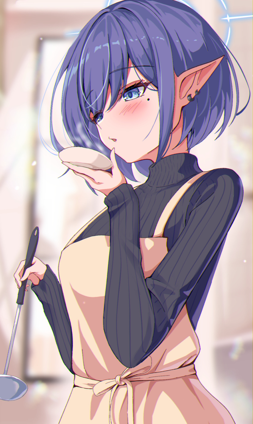 alternate_costume aoi_(blue_archive) apron black_sweater blue_archive blue_eyes blue_halo blush breasts halo highres holding holding_ladle ladle large_breasts long_sleeves mole mole_under_eye parted_lips pointy_ears purple_hair ribbed_sweater short_hair sweater tarakopng uniform yellow_apron