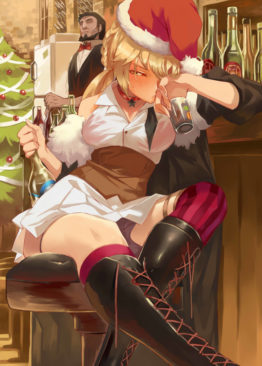 1girl absurdres alcohol bangs bar bar_stool bartender black_coat blonde_hair blush boots bottle braid breasts bustier choker christmas christmas_tree closed_mouth coat commentary_request cross-laced_footwear cup dress drinking_glass drunk elbow_rest eyebrows_visible_through_hair french_braid fur-trimmed_coat fur_trim garter_straps girls_frontline hair_between_eyes hat head_on_hand highres holding holding_bottle holding_cup lace-up_boots long_hair looking_at_viewer medium_breasts off_shoulder ohland ots-14_(girls_frontline) refrigerator santa_hat sitting skirt sleeves_rolled_up star star_choker stool striped striped_legwear thighhighs thighs very_long_hair wine_rack yellow_eyes