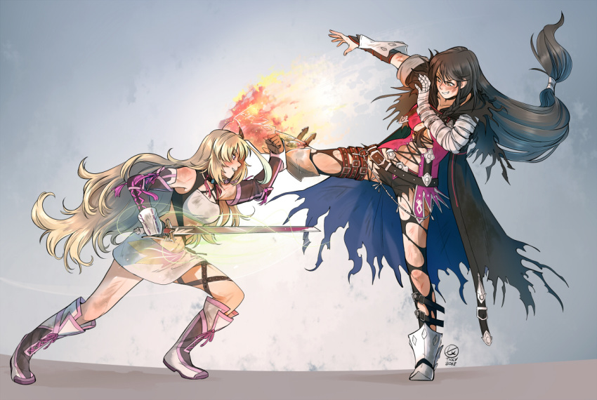 bandaged_arm bandages battle black_choker black_hair blonde_hair breasts choker collarbone duel fire gradient_hair green_hair long_hair looking_at_viewer low-tied_long_hair medium_breasts milla_maxwell multicolored_hair multiple_girls navel shirt smile strapless tales_of_(series) tales_of_berseria tales_of_xillia taut_clothes taut_shirt ticcy torn_clothes tubetop underboob velvet_crowe very_long_hair yellow_eyes