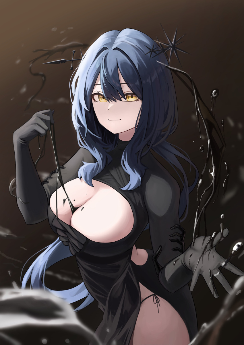 1girl absurdres arcana_(reverse:1999) back_cutout black_dress black_gloves black_liquid blue_hair breasts cleavage cleavage_cutout clothing_cutout cowboy_shot dark_background dress elbow_gloves from_side gloves hair_between_eyes hand_up highres large_breasts long_hair long_sleeves looking_at_viewer low_ponytail open_hand outstretched_hand reverse:1999 side-tie_peek side_slit smile solo syc2159 wand wand_in_head yellow_eyes