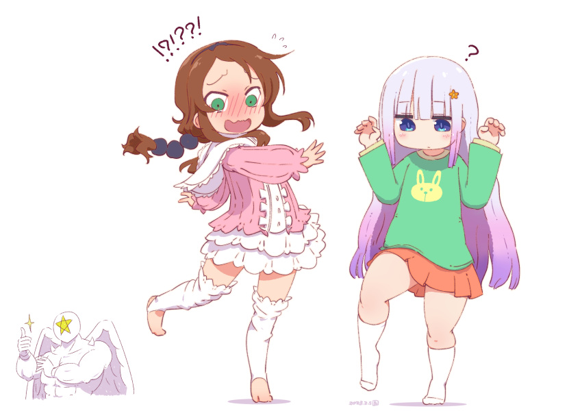 !? 2girls ? alternate_hairstyle blue_eyes blush brown_hair cosplay costume_switch dated dot_mouth dress embarrassed gradient_hair green_eyes green_shirt hair_down highres kanna_kamui kobayashi-san_chi_no_maidragon long_sleeves miniskirt multicolored_hair multiple_girls open_mouth orange_skirt pink_dress pleated_skirt purple_hair saikawa_riko samansa_ex shirt simple_background skirt socks standing standing_on_one_leg stirrup_legwear thick_thighs thighhighs thighs toeless_legwear twintails white_background white_hair white_socks white_thighhighs