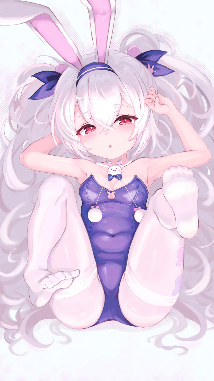 1girl absurdres animal_ears armpits azur_lane blue_leotard blue_ribbon blush breasts covered_navel denchi_more_power fake_animal_ears from_above hair_ribbon highres knees_up laffey_(azur_lane) laffey_ii_(azur_lane) laffey_ii_(sleepy_on_a_busy_day)_(azur_lane) leotard long_hair looking_at_viewer lying official_alternate_costume on_back pantyhose parted_lips playboy_bunny rabbit-shaped_pupils rabbit_ears red_eyes ribbon small_breasts solo strapless strapless_leotard symbol-shaped_pupils twintails white_hair white_pantyhose