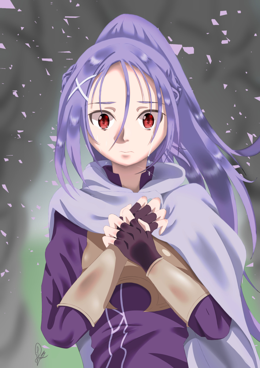 1girl absurdres cloak commentary_request crying crying_with_eyes_open fingerless_gloves gloves hair_ornament hands_on_own_chest highres long_hair mito_(sao) purple_hair red_eyes solo sword_art_online tears xlibertasx