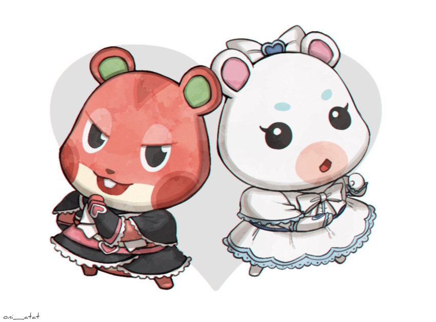 2girls :d :o animal_crossing apple_(animal_crossing) artist_name black_dress black_eyes bow bowtie buck_teeth commentary_request dress flurry_(animal_crossing) frilled_dress frilled_sleeves frills furry furry_female hair_bow hamster_girl heart highres kaji_(oni_atat) looking_at_viewer multiple_girls open_mouth short_sleeves simple_background smile teeth upper_teeth_only v-shaped_eyebrows white_background white_bow white_bowtie white_dress
