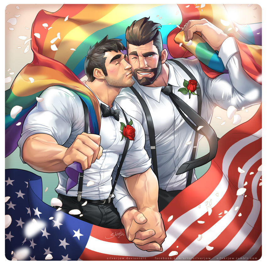 2boys absurdres american_flag bara beard beard_stubble blush collared_shirt couple cowboy_shot facial_hair flower flower_on_chest formal full_beard happy highres holding_hands interlocked_fingers kiss kissing_cheek large_hands lgbt_pride looking_at_viewer male_focus mature_male medium_sideburns multiple_boys muscular muscular_male necktie one_eye_closed original pectorals petals rainbow_flag rose shirt short_hair sideburns_stubble silverjow stubble suspenders wrinkled_skin yaoi