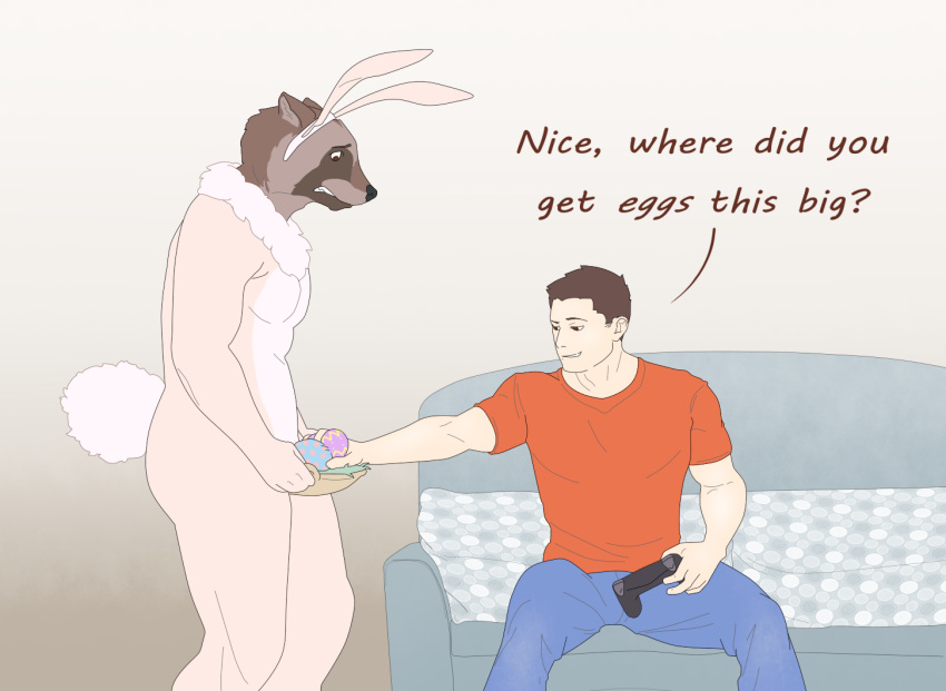 9x9 april_fools ballbusting balls big_balls canine clothed clothing cock_and_ball_torture costume easter easter_eggs holidays human male mammal muscular pain smile tanuki