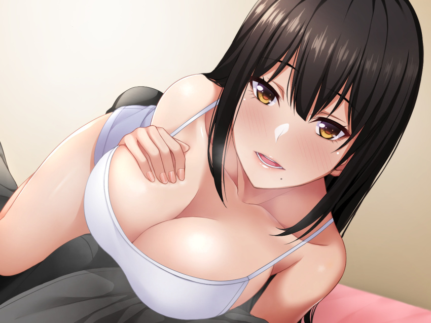 1girl bangs bare_arms bare_legs bare_shoulders bed_sheet black_hair black_pants blush breasts brown_hair bulge camisole cleavage collarbone commentary_request deep_skin erection erection_under_clothes eyebrows_visible_through_hair eyelashes fingernails grey_shirt hair_between_eyes hand_on_own_chest hetero indoors knees_up large_breasts long_fingernails long_hair looking_at_viewer lying lying_on_person mole mole_under_mouth nail_polish on_back on_bed open_mouth original pants pink_lips pink_nails pov shirt sleeveless smile solo_focus takocha teeth thighs white_camisole yellow_background yellow_eyes