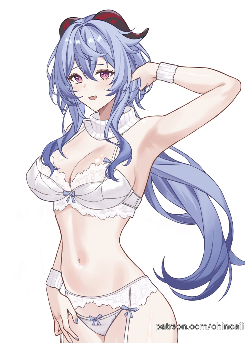:d arm_up armpits bare_arms bare_shoulders blue_hair blue_nails bow bow_panties bra breasts chinoa cleavage collar commentary fang ganyu_(genshin_impact) garter_belt genshin_impact highres horns large_breasts long_hair looking_at_viewer nail_polish navel open_mouth panties purple_eyes sidelocks skin_fang smile stomach underwear very_long_hair white_bra white_collar white_panties