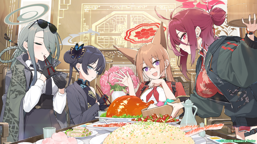 4girls bamboo_steamer baozi blue_archive china_dress chinese_clothes chopsticks closed_eyes crab_leg dim_sum dress duck_(food) dumpling eating food fried_rice halo hayashi_kewi highres holding holding_chopsticks holding_food kisaki_(blue_archive) looking_at_viewer mina_(blue_archive) multiple_girls official_art plate reijo_(blue_archive) rice rumi_(blue_archive) waving