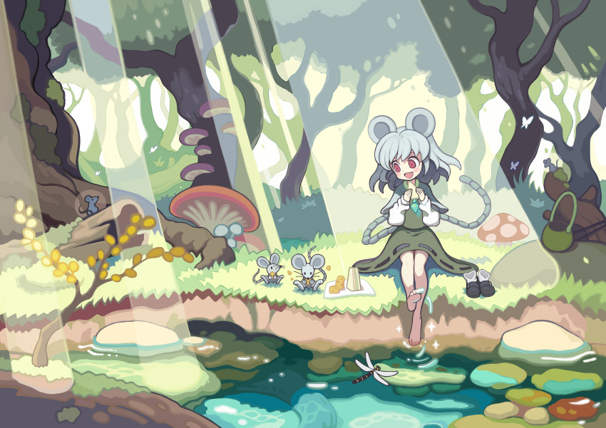 1girl absurdres animal animal_ears barefoot black_footwear black_skirt black_vest blush_stickers bug cheese commission dragonfly food forest grey_hair highres holding holding_food jewelry morino_hon mouse mouse_ears mouse_tail nature nazrin open_mouth pendant red_eyes river sandwich shoes short_hair sitting skeb_commission skirt smile solo tail touhou tree unworn_shoes vest water
