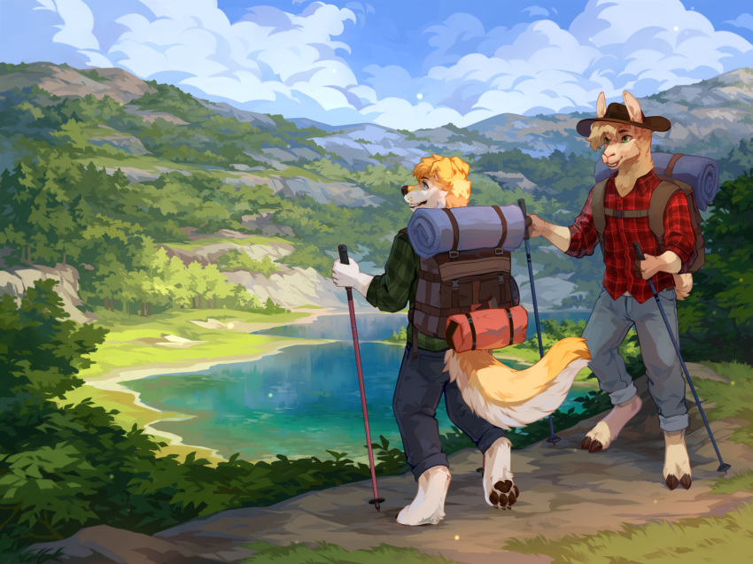 anthro backpack blonde_hair blue_bottomwear blue_clothing blue_eyes blue_pants blue_sky bottomwear brown_hooves brown_pawpads camelid canid cheek_tuft clothed clothing cloud corzh77 detailed_background duo facial_tuft floppy_ears fur grass green_clothing green_eyes green_topwear hair hi_res hooves llama male mammal open_mouth outside pants pawpads plant red_clothing red_topwear rock sky standing tan_body tan_fur tan_hair topwear tree tuft white_body white_fur yellow_body yellow_fur