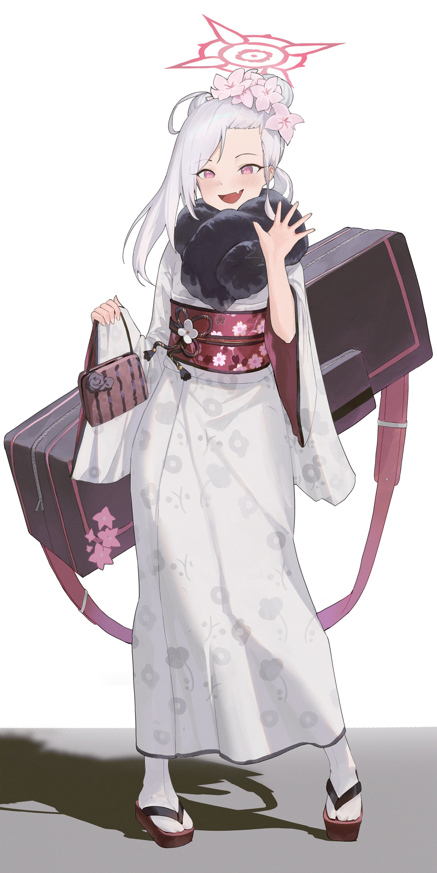 1girl absurdres bag black_c_(net_dust) black_scarf blue_archive blush fang full_body grey_hair halo handbag highres holding holding_bag japanese_clothes kimono long_hair long_sleeves mutsuki_(blue_archive) mutsuki_(new_year)_(blue_archive) obi official_alternate_costume official_alternate_hairstyle open_mouth pink_eyes red_halo sash scarf shadow skin_fang smile socks solo standing tabi white_kimono white_socks wide_sleeves