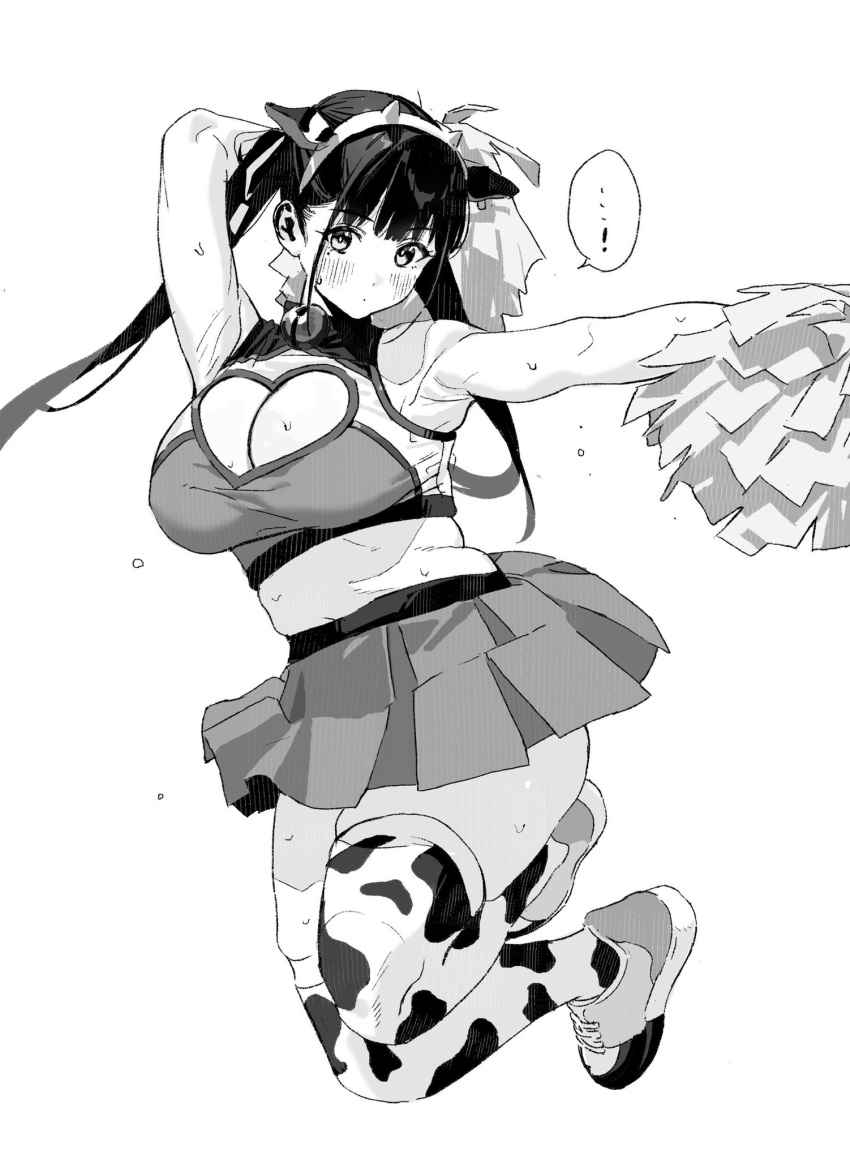 ! 1girl animal_ears animal_print arm_up armpits black_eyes black_hair blush breasts cheerleader cleavage cleavage_cutout clothing_cutout commentary cow_ears cow_print cow_print_thighhighs crop_top dot_mouth fake_animal_ears full_body grey_skirt greyscale hand_up heart_cutout highres holding holding_pom_poms jumping long_hair looking_at_viewer midriff monochrome original pleated_skirt plump pom_pom_(cheerleading) print_thighhighs riki_(riki_unc) simple_background skirt solo spoken_exclamation_mark sweat symbol-only_commentary thighhighs twintails white_background white_footwear