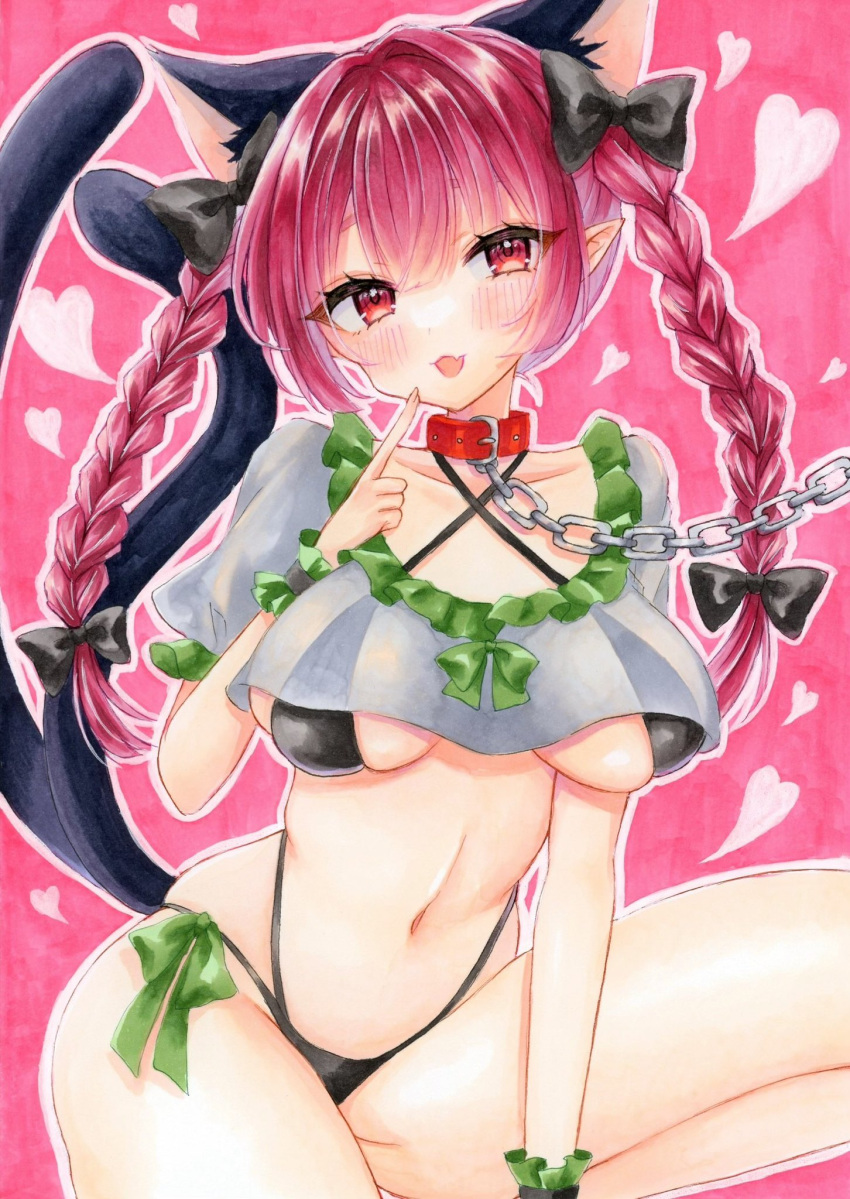 1girl animal_ears bikini black_bikini black_bow blush bow braid breasts cat_ears cat_tail chain cleavage extra_ears hair_bow heart highres index_finger_raised kaenbyou_rin large_breasts looking_at_viewer multiple_tails natsume_nadeshiko navel nekomata open_mouth outline pink_background pointy_ears red_eyes red_hair side_braids simple_background solo swimsuit tail touhou twin_braids two_tails white_outline