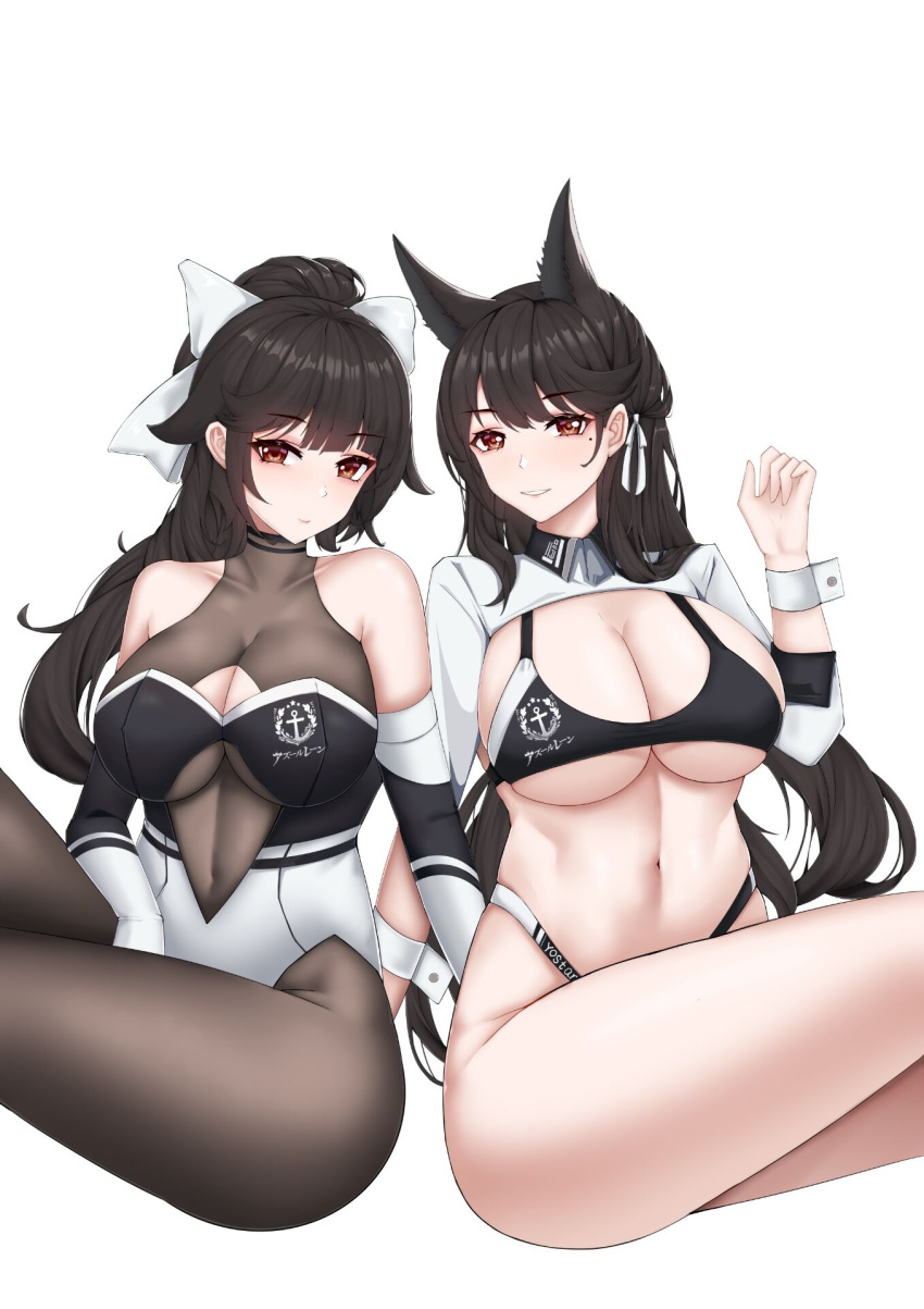 2girls atago_(azur_lane) atago_(stunning_speedster)_(azur_lane) azur_lane bare_shoulders bikini black_bikini black_hair bodystocking bow breasts chuer_722 cleavage cleavage_cutout clothing_cutout elbow_gloves extra_ears gloves hair_ribbon highleg highleg_bikini highres large_breasts long_hair looking_at_viewer mole mole_under_eye multicolored_leotard multiple_girls official_alternate_costume ponytail race_queen ribbon siblings simple_background sisters sitting sleeve_cuffs stomach_cutout swimsuit takao_(azur_lane) takao_(full_throttle_charmer)_(azur_lane) two-tone_bikini two-tone_leotard white_background white_bow white_ribbon