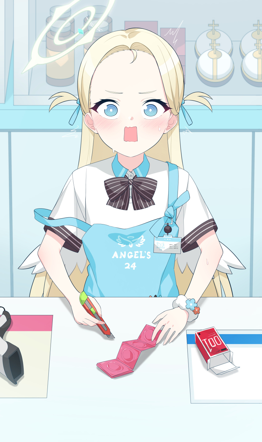 1girl absurdres angel's_24_uniform_(blue_archive) angel_wings apron barcode_scanner black_bow black_bowtie blonde_hair blue_apron blue_archive blue_eyes blush bow bowtie collared_shirt condom condom_wrapper darros halo highres korean_commentary long_hair looking_at_viewer open_mouth polo_shirt shirt short_sleeves solo sora_(blue_archive) two_side_up white_shirt white_wings wings yellow_halo