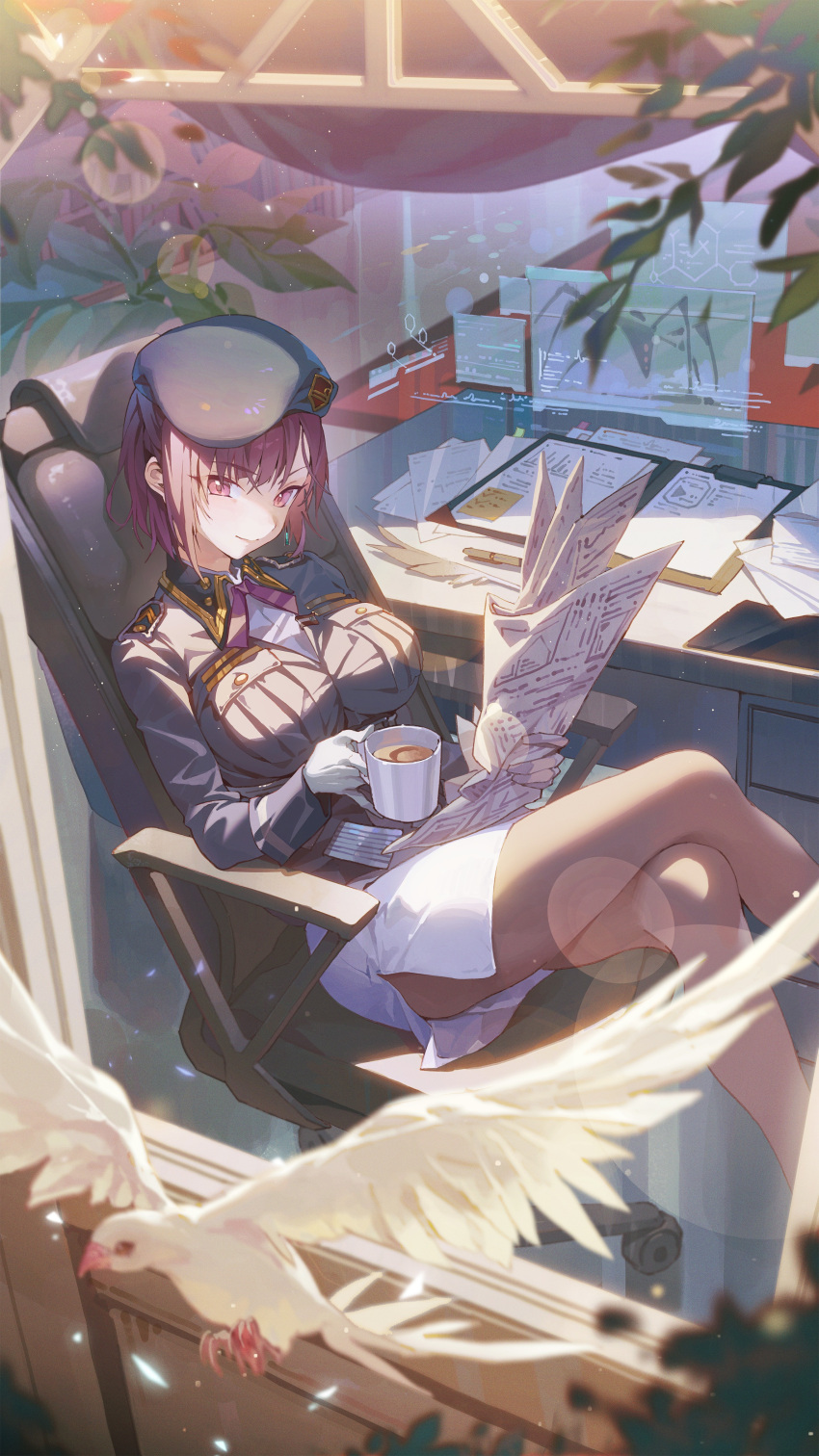 1girl absurdres beret bird black_headwear black_jacket breast_pocket breasts brown_pantyhose chair closed_mouth collared_jacket crossed_legs cup desk gloves hat heaven_burns_red highres holding holding_cup holding_newspaper hxxg jacket large_breasts long_sleeves looking_at_viewer military_hat military_uniform newspaper office_chair pantyhose pencil_skirt pocket second-party_source short_hair shoulder_boards sitting skirt solo swivel_chair tezuka_saki uniform upper_body white_gloves white_skirt