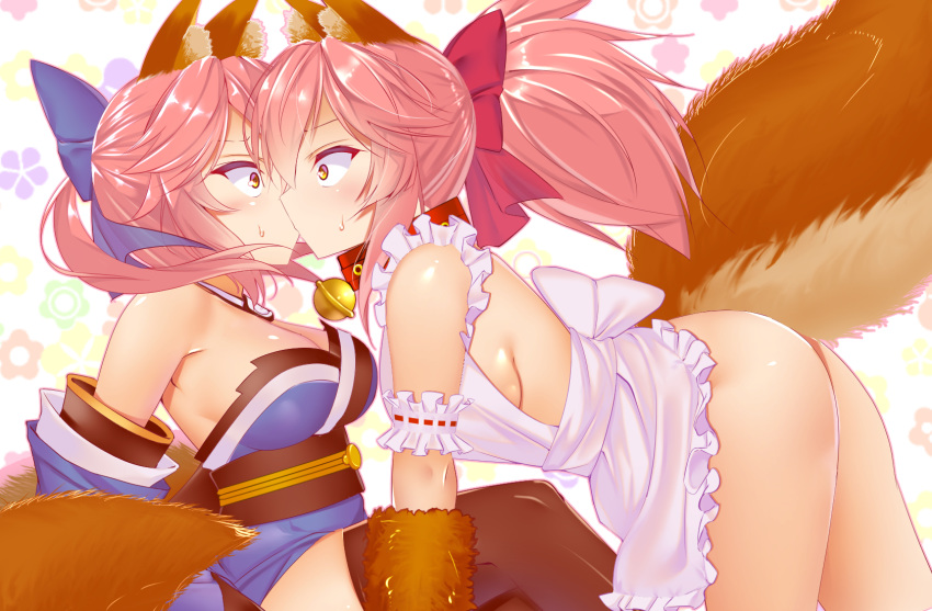 animal_ears apron ass bell bell_collar black_legwear blue_ribbon blush breasts cat_hair_ornament cat_paws cleavage collar commentary_request detached_sleeves dual_persona fate/grand_order fate_(series) fox_ears fox_tail gloves hair_ornament hair_ribbon highres incest japanese_clothes jingle_bell kiss large_breasts long_hair maid_headdress miyajima_(anthem-anthem) multiple_girls naked_apron paw_gloves paws pink_hair ponytail red_ribbon ribbon sideboob surprised sweat tail tamamo_(fate)_(all) tamamo_cat_(fate) tamamo_no_mae_(fate) yellow_eyes yuri