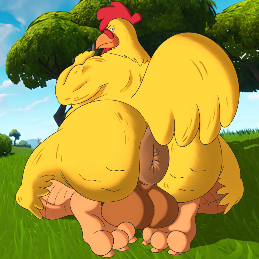 absurd_res anthro anus avian avian_caruncle avian_feet big_butt big_feet bird butt chicken comb_(anatomy) dewlap_(anatomy) ernie_the_giant_chicken family_guy feathers feet foot_fetish foot_on_balls galliform gallus_(genus) gun head_crest hi_res holding_object holding_weapon huge_butt humanoid looking_back male musclegut outside phasianid possbooty presenting presenting_hindquarters puffy_anus ranged_weapon slightly_chubby solo tail tail_feathers weapon