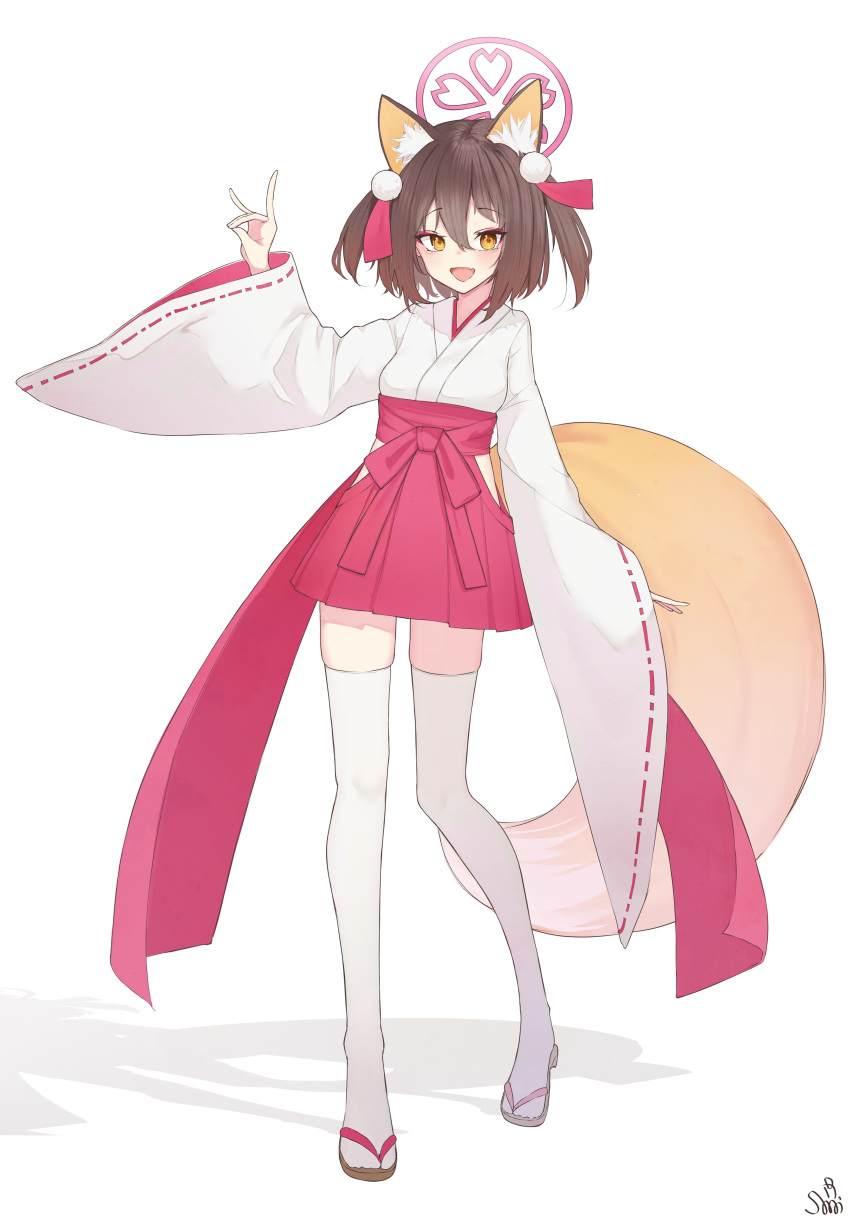 1girl absurdres animal_ears black_hair blue_archive blush commentary_request fox_ears fox_shadow_puppet fox_tail full_body hair_between_eyes hakama highres izuna_(blue_archive) japanese_clothes long_sleeves miko open_mouth red_hakama short_hair signature simple_background smile solo standing tachibana_shiori_(suica_112) tail thighhighs two_side_up white_background white_thighhighs wide_sleeves yellow_eyes