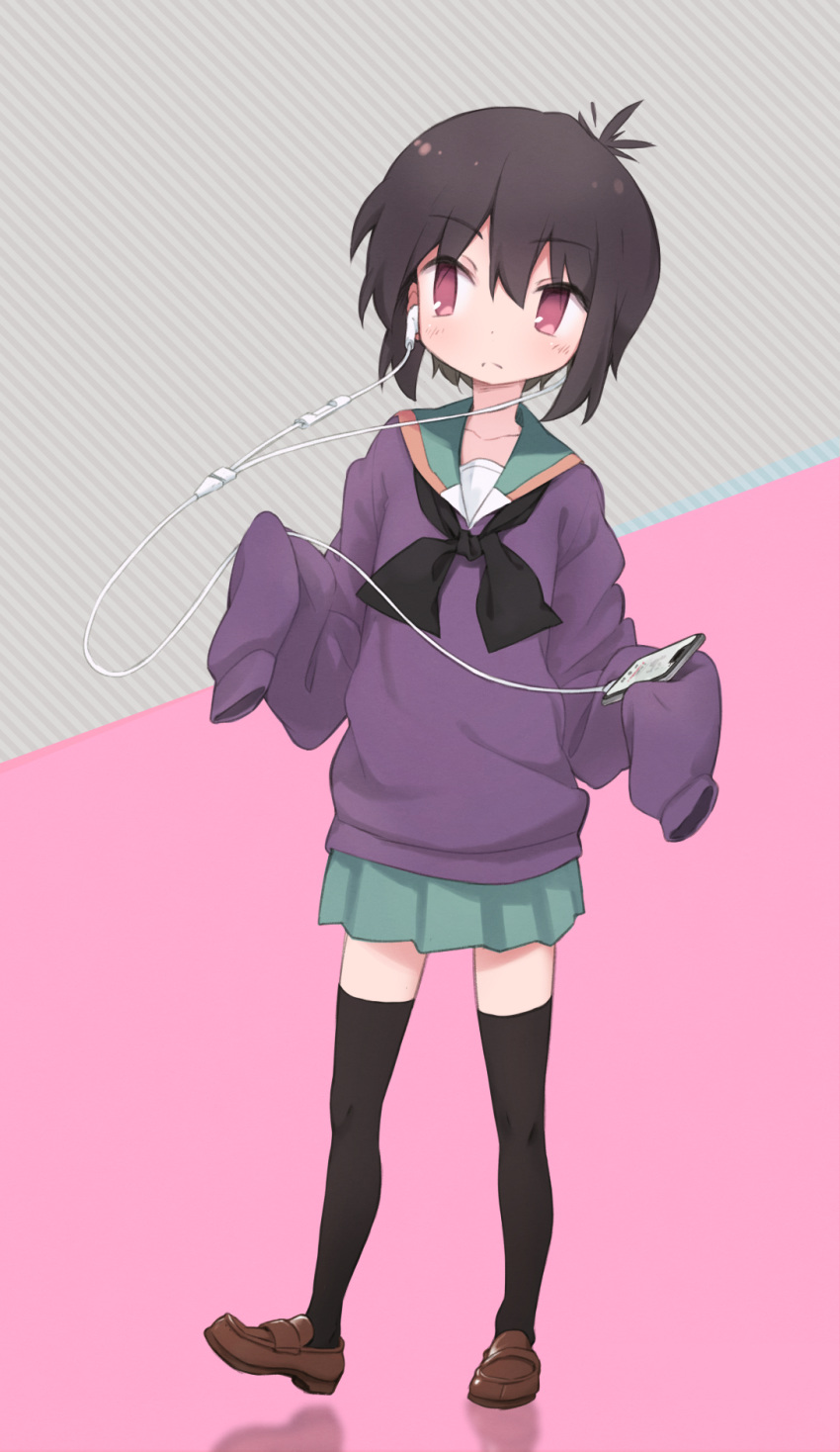 a_channel black_hair black_legwear blush cellphone closed_mouth collarbone earbuds earphones eyebrows_visible_through_hair full_body green_skirt highres holding holding_cellphone holding_phone ichii_tooru loafers looking_away looking_to_the_side okayparium phone red_eyes shoes skirt sleeves_past_fingers sleeves_past_wrists solo thighhighs