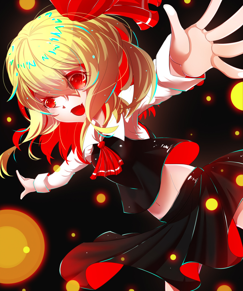 1girl absurdres black_background black_skirt black_vest blonde_hair collared_shirt cowboy_shot dark_background fang hair_between_eyes highres huang_j_xuan long_sleeves looking_at_viewer medium_hair navel open_mouth red_eyes rumia shirt simple_background skin_fang skirt solo t-pose touhou touhou_cannonball vest white_shirt