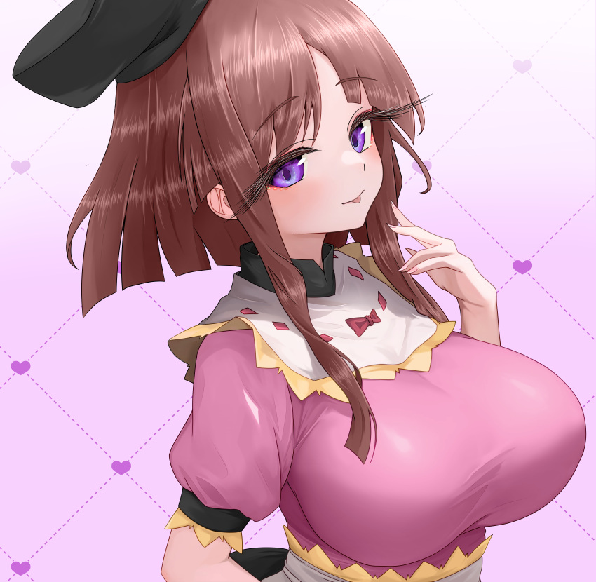 1girl absurdres black_headwear blush bow breasts brown_hair closed_mouth commentary_request dress fingernails gradient_background hat heart highres large_breasts looking_at_viewer nishida_satono pink_dress puffy_short_sleeves puffy_sleeves purple_eyes red_bow short_hair_with_long_locks short_sleeves smile solo sugar_you tongue tongue_out touhou upper_body