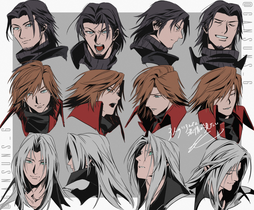 3boys absurdres angeal_hewley aqua_eyes armor artist_name black_coat black_hair black_shirt blue_eyes border brown_hair closed_eyes closed_mouth coat crisis_core_final_fantasy_vii expressions facial_hair final_fantasy final_fantasy_vii furrowed_brow genesis_rhapsodos grey_background grey_hair hair_between_eyes hair_over_one_eye highres long_hair male_focus medium_hair multiple_boys multiple_views open_mouth parted_bangs parted_lips red_coat roku_(gansuns) sephiroth shirt shoulder_armor shouting sideburns slit_pupils smile soul_patch swept_bangs turtleneck white_border