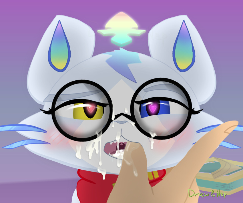 &lt;3 battle_principal_yuumi blush bodily_fluids book cum cum_in_mouth cum_inside cum_on_face cum_on_glasses domestic_cat draw&amp;nap eyewear fangs felid feline felis female feral feral_focus finger_in_mouth fur genital_fluids glasses heterochromia humanoid_hands league_of_legends mammal riot_games round_glasses scarf solo_focus teeth watermark whiskers yuumi_(lol)