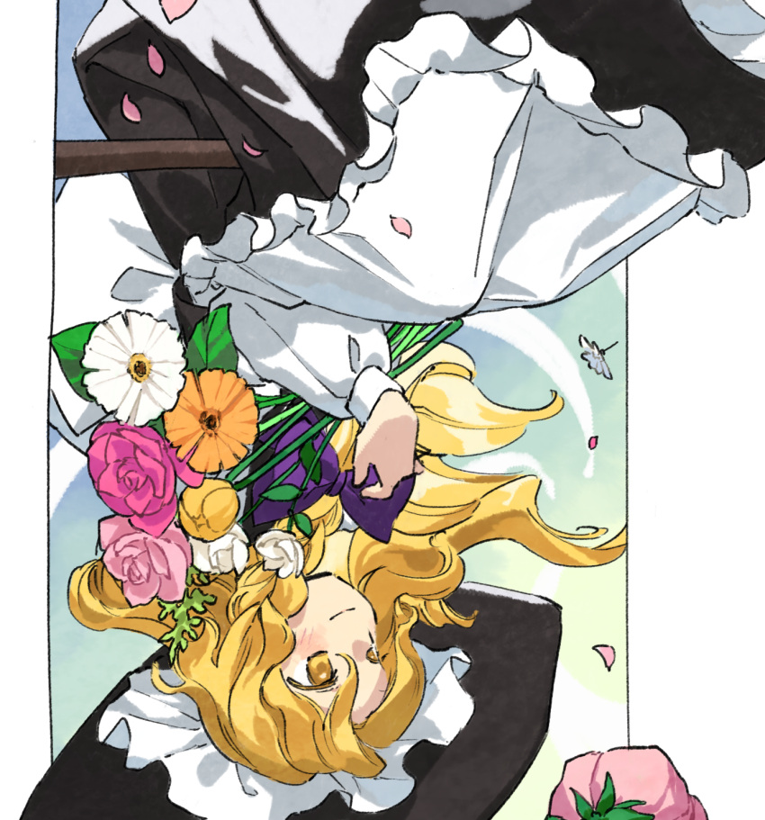 1girl apron black_dress black_headwear blonde_hair blush braid closed_mouth dress flower frilled_apron frills hat highres kaigen_1025 kirisame_marisa long_hair long_sleeves orange_flower petals phantasmagoria_of_flower_view pink_flower puffy_long_sleeves puffy_sleeves single_braid smile solo touhou upside-down white_apron white_flower witch_hat yellow_eyes yellow_flower