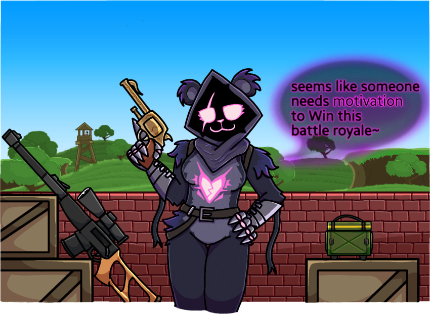 ammo_box ammunition anthro armor belt belt_buckle brick_wall claws clothing crate darli_buni dialogue digital_media_(artwork) epic_games female fortnite fur gauntlets gloves grass gun hand_on_hip handgun handwear holding_gun holding_object holding_weapon hood looking_at_viewer nature nature_background plant purple_text_border ranged_weapon raven_team_leader revolver rifle sky sniper_rifle solo speech_bubble standing text translucent_speech_bubble tree trigger_discipline vss_vintorez wall_(structure) weapon