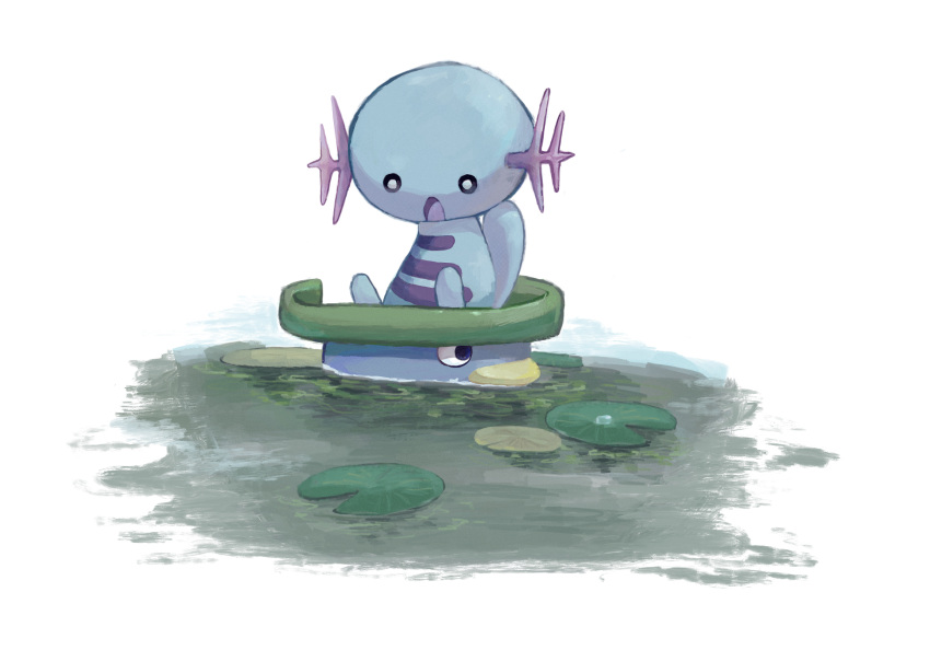animal_focus black_eyes commentary e_(pixiv_50139128) from_side full_body highres lily_pad looking_at_another looking_down lotad no_humans open_mouth partially_submerged pokemon pokemon_(creature) riding sitting swimming water white_background white_eyes wooper