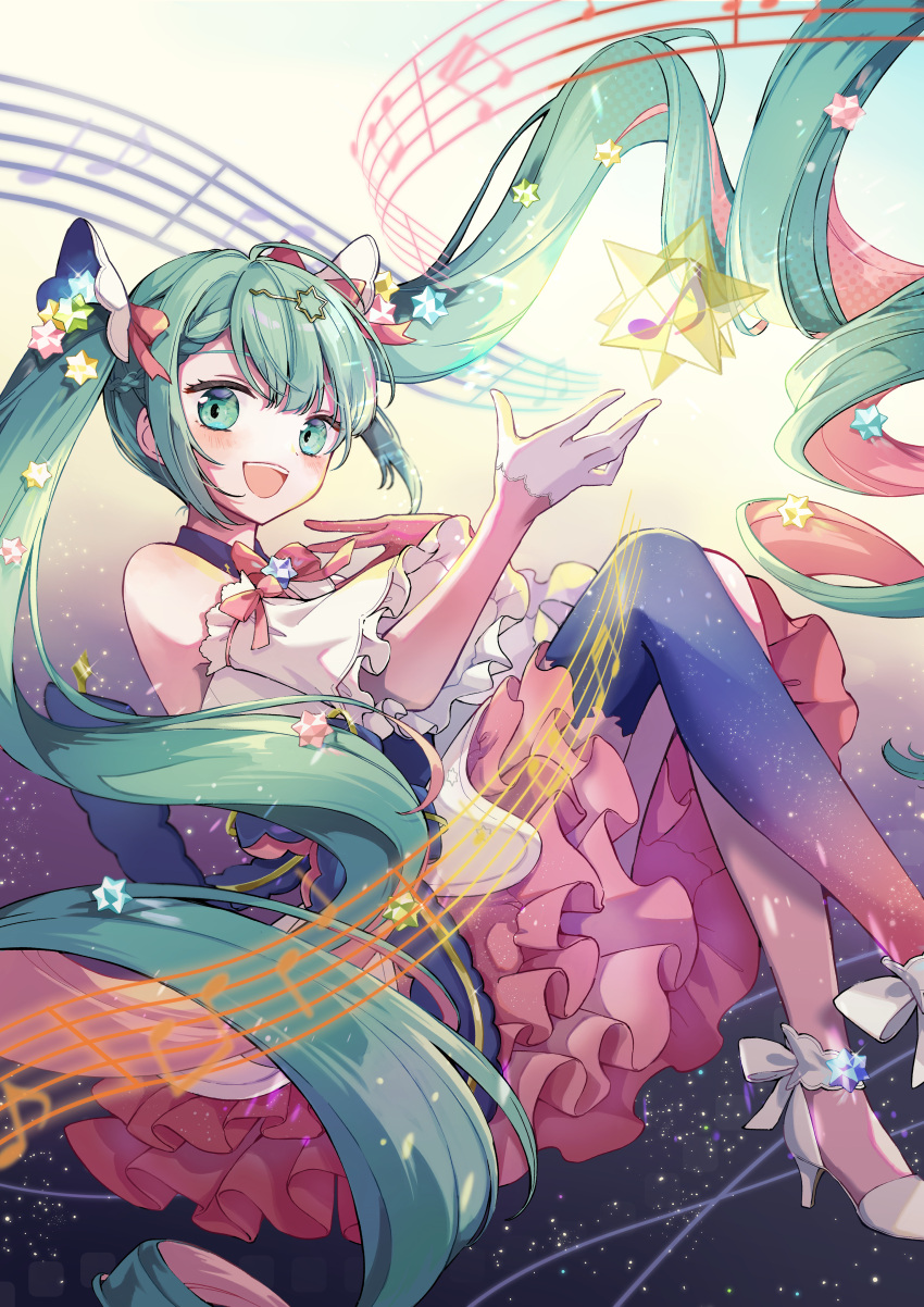 1girl absurdres ankle_strap blue_eyes blush dress floating floating_hair frilled_dress frills gloves hair_ornament hairclip halter_dress halterneck hatsune_miku high_heels highres knees_up long_hair looking_at_viewer multicolored_hair musical_note nagitofuu neck_ribbon open_mouth pink_hair ribbon single_thighhigh small_stellated_dodecahedron smile solo space_print sparkle staff_(music) star_(symbol) star_hair_ornament starry_sky_print sweater thighhighs very_long_hair vocaloid
