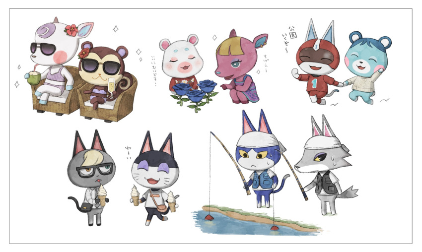 5boys 5girls :3 :d ;&lt; ^_^ animal_crossing animal_ear_piercing aqua_dress aqua_eyes arm_up bag bandana bear_girl bikini black-framed_eyewear black_bag black_vest blonde_hair blue_flower blue_hair blue_rose blue_vest bluebear_(animal_crossing) blush blush_stickers border brown_eyes cat_boy chair closed_eyes closed_mouth coconut coconut_cup collared_shirt commentary_request crossed_legs cup deer_girl diana_(animal_crossing) dress dress_shirt drink drinking drinking_glass drinking_straw drinking_straw_in_mouth ear_piercing eyelashes fang_(animal_crossing) fishing fishing_rod flower flurry_(animal_crossing) food fuchsia_(animal_crossing) furry furry_female furry_male glasses green_eyes grey_necktie grey_sweater hair_flower hair_ornament hamster_girl happy helmet heterochromia hibiscus highres holding holding_cup holding_drink holding_fishing_rod holding_food holding_hands holding_ice_cream ice_cream ice_cream_cone kaji_(oni_atat) kid_cat_(animal_crossing) long_sleeves looking_at_another multicolored_clothes multicolored_dress multiple_boys multiple_girls multiple_views necktie on_chair open_mouth pecan_(animal_crossing) piercing punchy_(animal_crossing) purple_bikini purple_dress racing_suit raymond_(animal_crossing) red_flower red_headwear rose rover_(animal_crossing) shirt short_sleeves simple_background sitting skipping sleeveless sleeveless_dress smile soft_serve sparkle squatting squirrel_girl standing striped_bikini striped_clothes sunglasses sweat sweater swimsuit t-shirt tongue tongue_out translation_request u_u vertical-striped_bikini vertical-striped_clothes vest walking water white_background white_bandana white_border white_hair white_shirt wolf_boy yellow_eyes