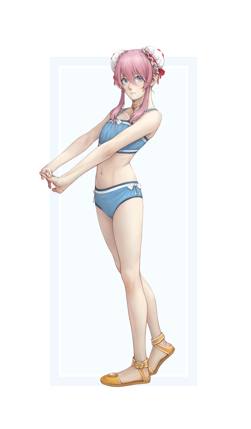1girl absurdres blue_eyes bun_cover highres kazuko_(towa) looking_to_the_side pink_hair presea_combatir red_ribbon ribbon sandals simple_background solo swimsuit tales_of_(series) tales_of_symphonia