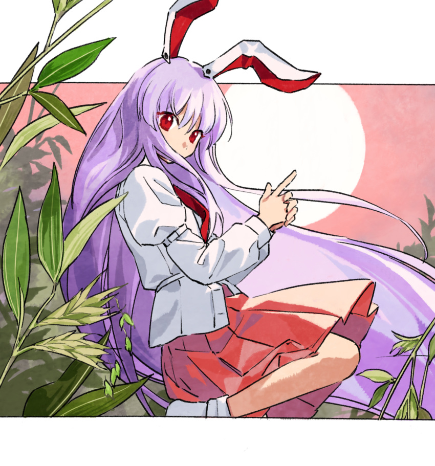 1girl animal_ears collared_shirt finger_gun full_moon highres juliet_sleeves kaigen_1025 long_hair long_sleeves moon necktie no_shoes outdoors phantasmagoria_of_flower_view pink_skirt pleated_skirt puffy_sleeves purple_hair rabbit_ears red_necktie reisen_udongein_inaba shirt skirt sleeve_garter socks solo touhou very_long_hair white_shirt white_socks