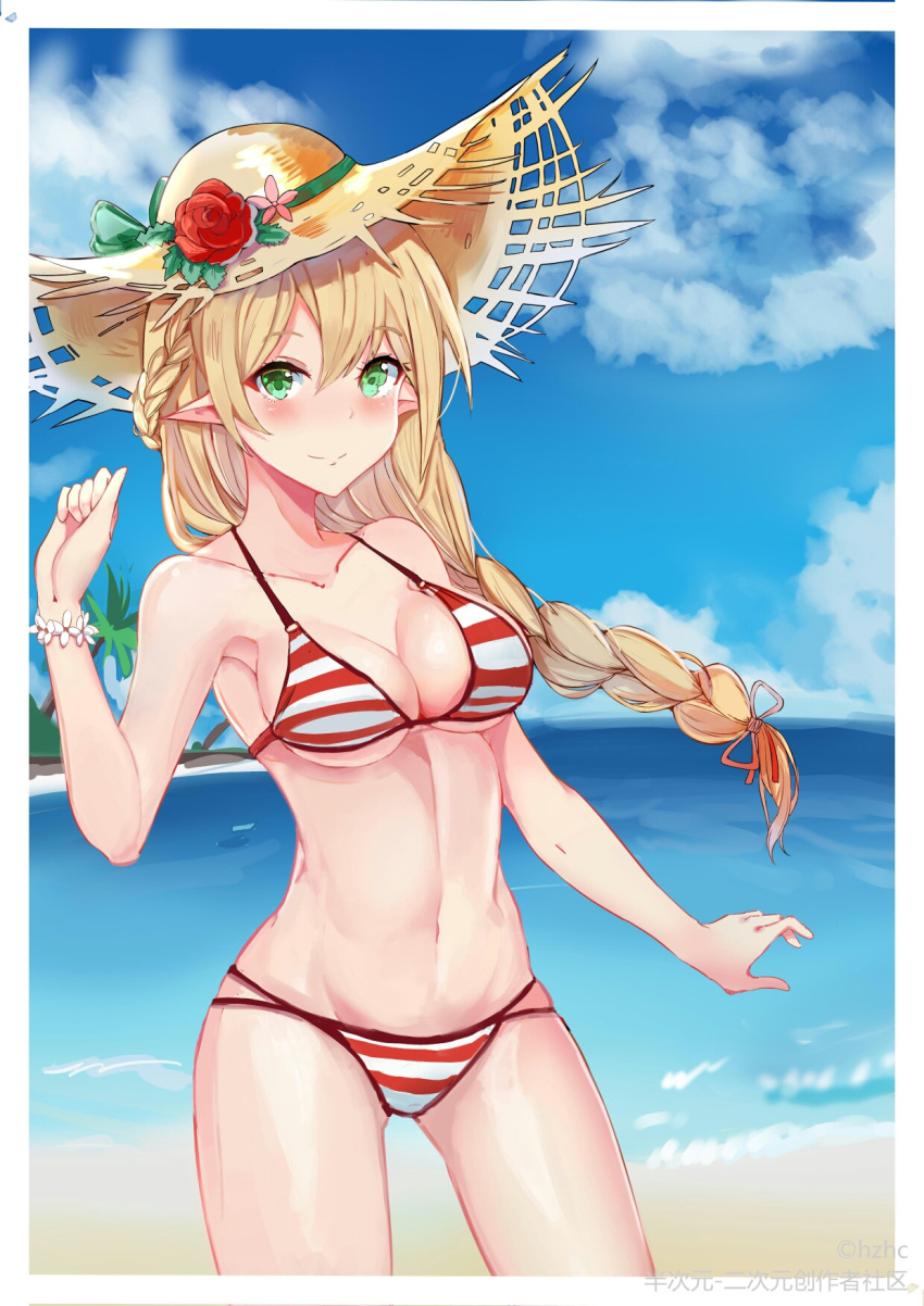 beach bikini blonde_hair braid breasts closed_mouth day elf flower french_braid green_eyes hat hat_flower highres hzhc large_breasts long_hair looking_at_viewer navel ocean original outdoors pointy_ears single_braid sky smile solo straw_hat striped striped_bikini sun_hat swimsuit very_long_hair