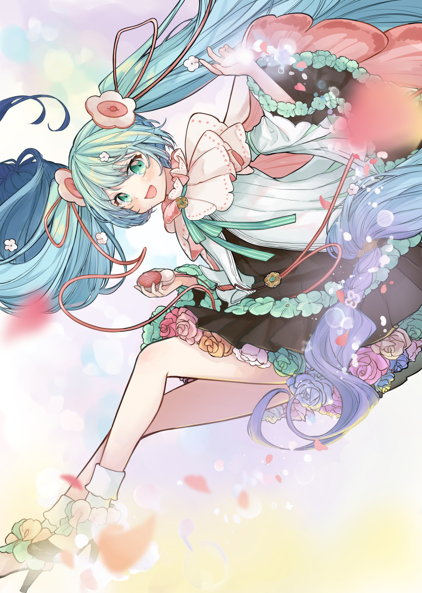 1girl absurdres blue_eyes blue_hair blush bobby_socks cape dress floating_hair flower hair_flower hair_ornament hatsune_miku high_heels highres holding long_hair long_sleeves looking_at_viewer magical_mirai_(vocaloid) magical_mirai_miku magical_mirai_miku_(2021) nagitofuu open_mouth rose smile socks solo very_long_hair vocaloid