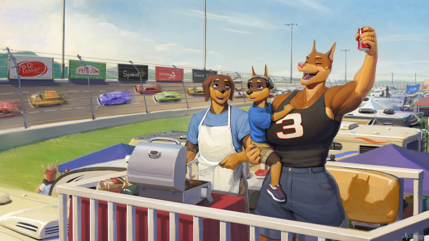 2024 5_fingers absurd_res anthro apron beverage_can big_breasts blue_eyes bottomwear breasts brown_body brown_fur canid canine canis car clothed clothing daniel_porter day digit_ring dobermann domestic_dog eyebrows eyes_closed father_(lore) father_and_child_(lore) father_and_son_(lore) female fingers fur greasymojo grill group hi_res huge_breasts huge_filesize husband_and_wife jewelry male mammal married_couple mother_(lore) mother_and_child_(lore) mother_and_son_(lore) multicolored_body multicolored_fur open_mouth outside pants parent_(lore) parent_and_child_(lore) parent_and_son_(lore) pinscher ring shirt shorts signature son_(lore) standing t-shirt teeth tongue topwear tracy_porter trio two_tone_body two_tone_fur vehicle wedding_ring