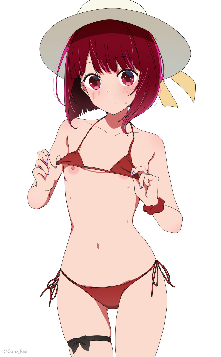 1girl absurdres areola_slip arima_kana ass_visible_through_thighs bare_arms bare_shoulders bikini black_bow bob_cut bow closed_mouth collarbone coro_fae cowboy_shot dot_nose english_commentary fingernails flashing flat_chest halterneck hat highres inverted_bob long_fingernails looking_at_viewer nail_polish navel nipples no_pupils oshi_no_ko paid_reward_available purple_nails red_bikini red_eyes red_hair red_scrunchie scrunchie short_hair side-tie_bikini_bottom simple_background skindentation standing stomach string_bikini sun_hat sweat swimsuit thigh_strap twitter_username wavy_mouth white_background white_headwear wrist_scrunchie
