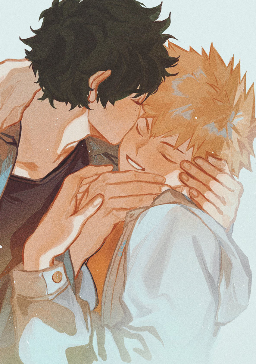 2boys bakugou_katsuki black_shirt blonde_hair blush boku_no_hero_academia closed_eyes commentary facing_another freckles green_hair highres hood hoodie kiss kissing_cheek male_focus messy_hair midoriya_izuku moonkie multiple_boys orange_shirt shirt short_hair sidelighting smile spiked_hair upper_body white_hoodie yaoi