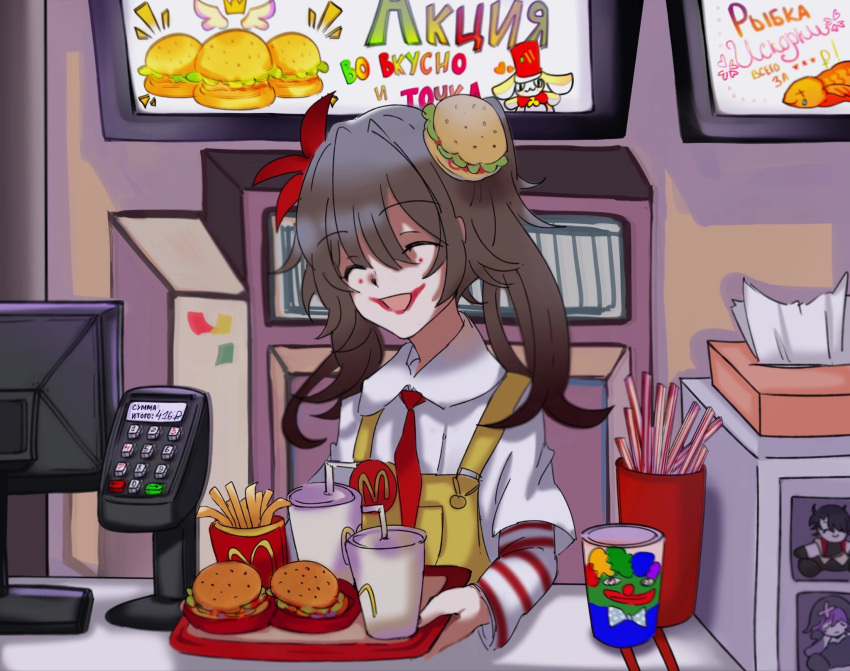 1girl ^_^ boy's_club brown_hair burger burger_hair_ornament closed_eyes clown collared_shirt commentary cup disposable_cup english_commentary fast_food food food-themed_hair_ornament french_fries hair_intakes hair_ornament highres holding holding_tray honkai:_star_rail honkai_(series) indoors long_hair makeup mcdonald's necktie open_mouth pepe_the_frog photo-referenced red_necktie restaurant russian_text shirt smile soda solo sparkle_(honkai:_star_rail) striped_clothes striped_shirt tray twintails upper_body weilin_(liarliarliarin) white_shirt yellow_overalls