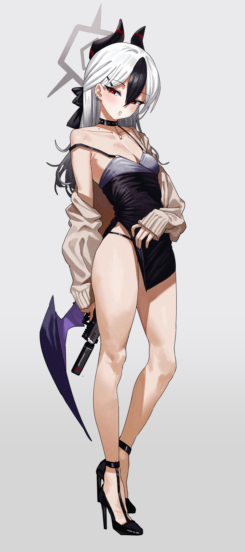 1girl absurdres black_dress black_footwear black_hair black_halo black_horns blue_archive blush breasts cleavage dress feipin_zhanshi full_body gradient_hair grey_background gun halo high_heels highres holding holding_gun holding_weapon horns kayoko_(blue_archive) kayoko_(dress)_(blue_archive) long_hair long_sleeves looking_at_viewer medium_breasts multicolored_hair off_shoulder official_alternate_costume parted_lips simple_background solo standing thighs weapon white_hair