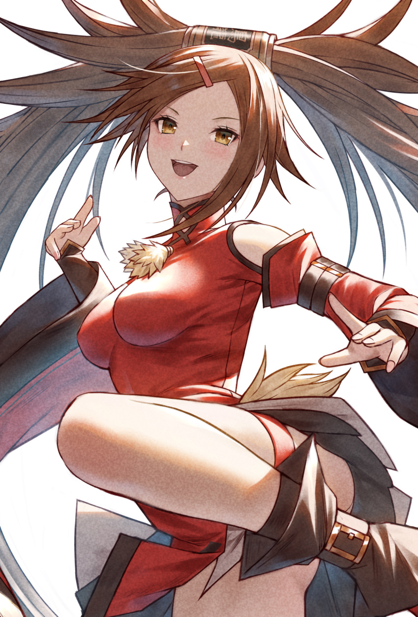 1girl :d bare_legs brown_eyes brown_hair china_dress chinese_clothes clothing_cutout dress fagi_(kakikaki) fighting_stance floating_hair guilty_gear hair_ornament hair_rings hairclip highres kuradoberi_jam leg_up long_hair long_sleeves open_mouth parted_bangs red_dress shoulder_cutout simple_background smile solo twintails very_long_hair white_background wide_sleeves