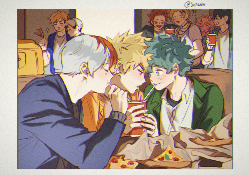 !? 1girl 6+boys ^_^ ashido_mina bakugou_katsuki black_hair blonde_hair blush boku_no_hero_academia border chromatic_aberration closed_eyes collared_shirt colored_skin drink drinking drinking_straw earrings food freckles green_eyes green_hair grin highres holding holding_drink jewelry kaminari_denki kirishima_eijirou looking_at_another male_focus messy_hair midoriya_izuku moonkie multicolored_hair multiple_boys open_mouth pink_hair pink_skin pizza pizza_slice red_eyes red_hair sharing shirt short_hair sitting smile spiked_hair table todoroki_shouto twitter_username two-tone_hair upper_body white_border white_hair wide-eyed yaoi