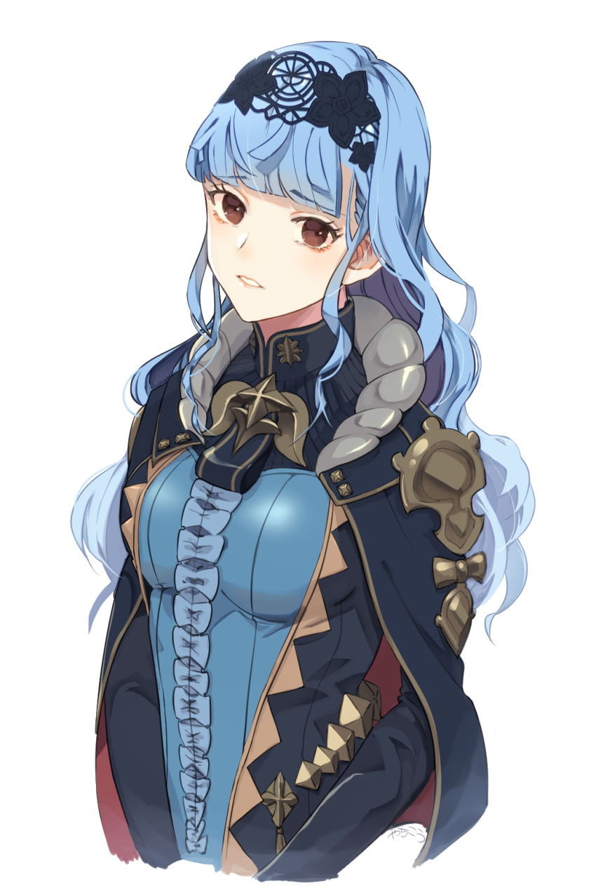 1girl blue_hair breasts brown_eyes fire_emblem fire_emblem:_three_houses highres large_breasts long_hair looking_at_viewer marianne_von_edmund solo upper_body white_background yachimata_1205