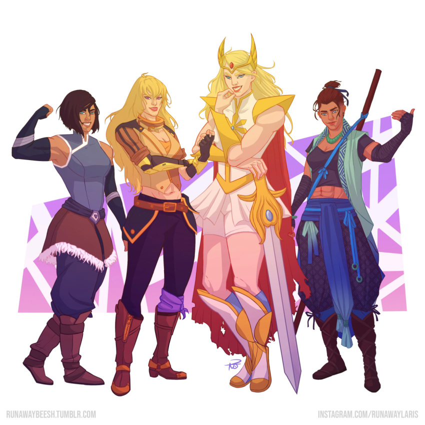 4girls abs adora_(she-ra) avatar_legends bare_shoulders beauregard_lionett black_crop_top black_pants blonde_hair blue_eyes blue_pants boots braid brown_footwear critical_role crossover dark-skinned_female dark_skin elbow_gloves fingerless_gloves gauntlets gloves highres holding holding_sword holding_weapon korra lipstick long_hair makeup mechanical_arms midriff multiple_girls muscular muscular_female pants red_lips runawaylaris rwby she-ra_and_the_princesses_of_power shoulder_pads single_mechanical_arm skirt smile staff sword the_legend_of_korra tiara weapon white_footwear white_skirt yang_xiao_long yellow_gauntlets