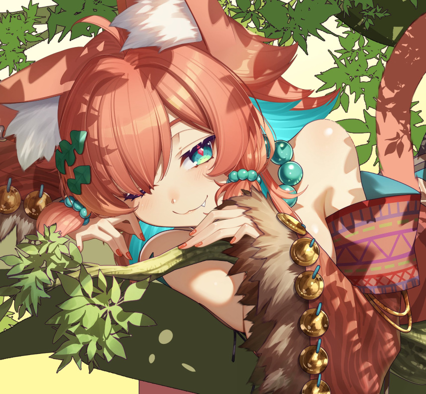 1girl ahoge animal_ear_fluff animal_ears aqua_eyes aqua_hair breasts brown_nails closed_mouth cluseller coat colored_inner_hair diamond-shaped_pupils diamond_(shape) fang fur-trimmed_coat fur_trim hair_ornament highres large_breasts leaf leaf_bra leaf_hair_ornament mozumi_pichi multicolored_hair off_shoulder on_branch one_eye_closed orange_hair pink_pupils shadow solo symbol-shaped_pupils tail v-dere virtual_youtuber wide_sleeves wolf_ears wolf_girl wolf_tail
